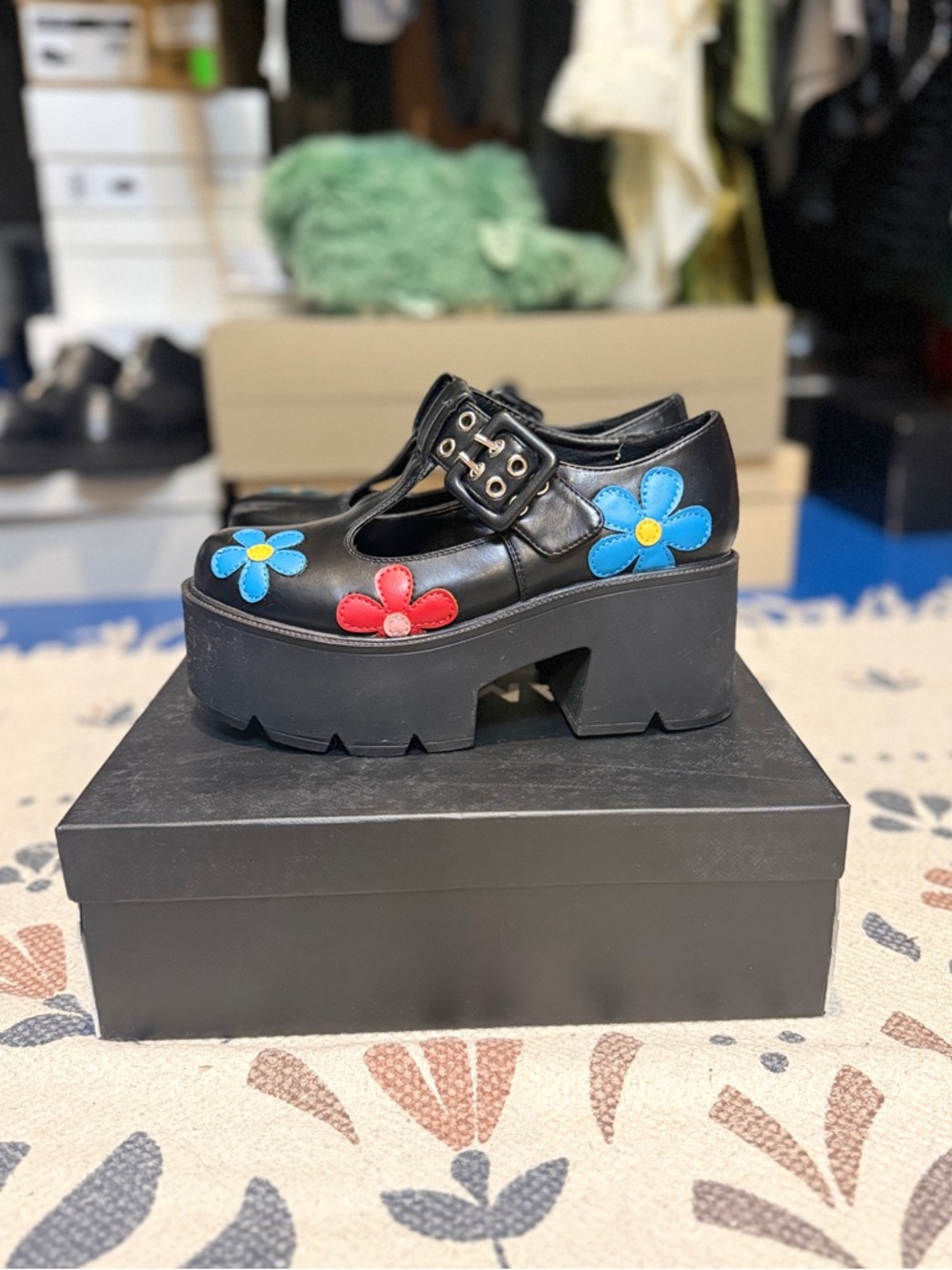Lamoda Black Platform Mary Janes with Blue & Red Flower Appliqués